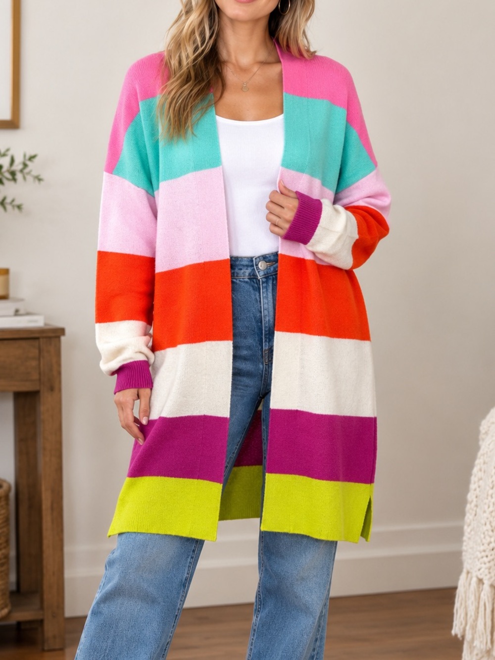 Crown & Ivy Bright Striped Oversized Cardigan Sweater Pink Green Women Small S